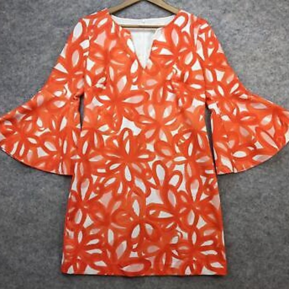 Trina Turk Dress M White/Pink Bell Sleeves